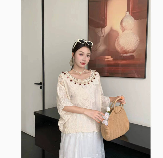 Womens Fashion Embroidered Hollow Lace Short-Sleeve Shirt