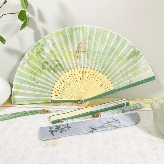 Classical Chinese Sle Roasted Paint Fan Faion ow Props  Hanfu Flower Bird Fans Photoaphy Props Bamboo Fans