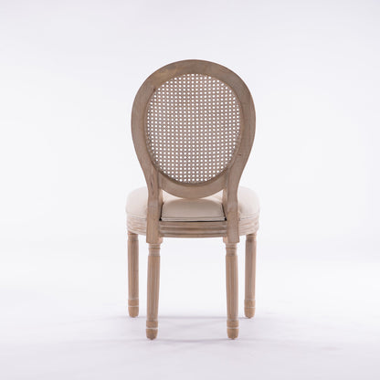 French Style Solid Wood Linen Fabric Rattan Back Dining Chair, Set of 2, Beige