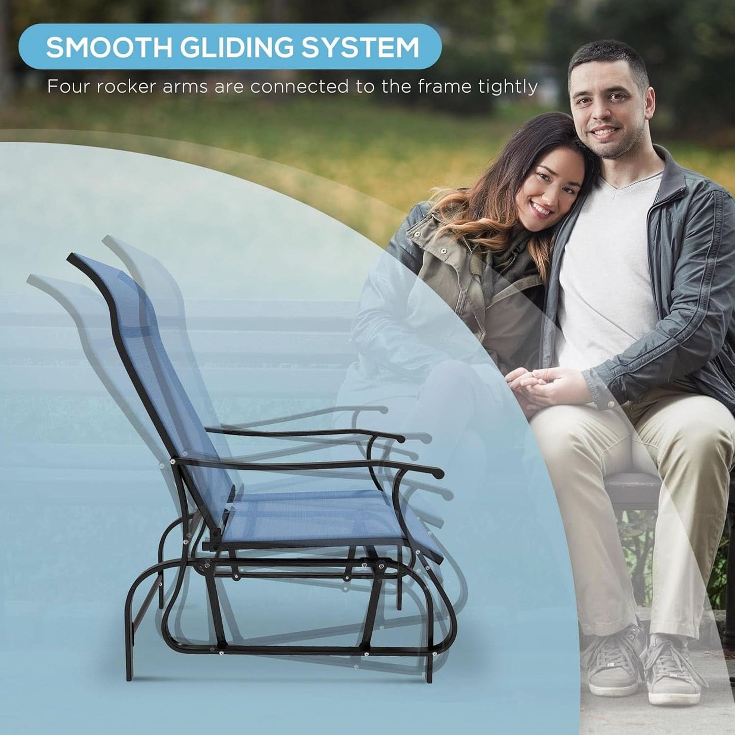 Light Blue Outdoor Glider Set With Steel Frame Glass Table