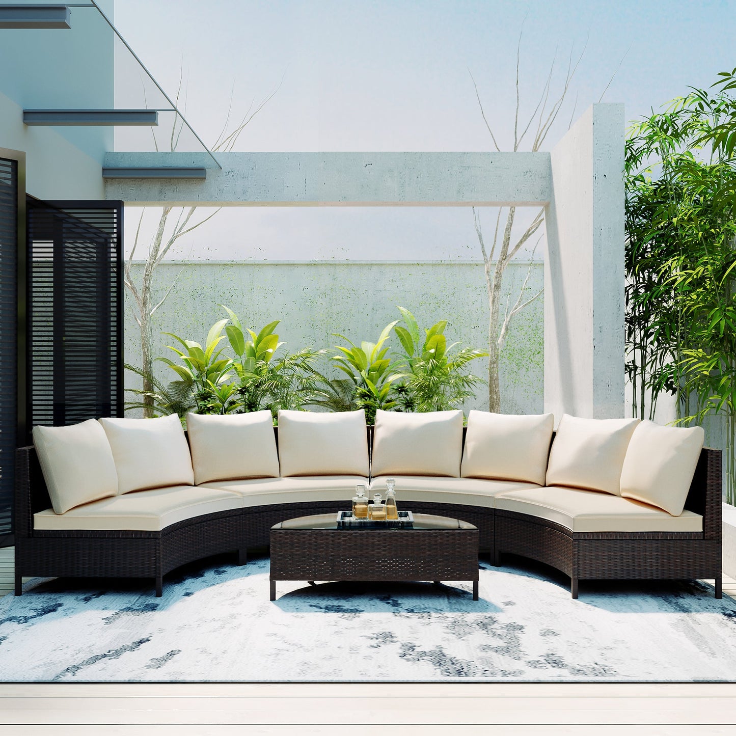 Outdoor Patio Set Half Moon PE Rattan Steel Beige 5 Piece Tempered Glass