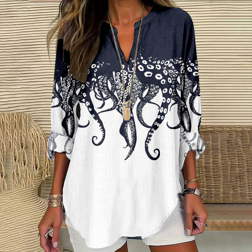 Womens Fashion Floral Print V-Neck Long-Sleeve T-Shirt