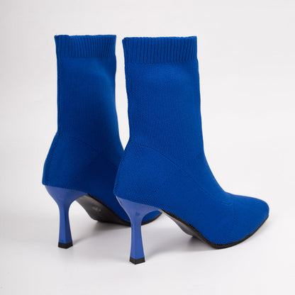 Women's Blue Stretch-Knit Pointed-Toe Mid-Calf Boots, 6-8 cm Heel