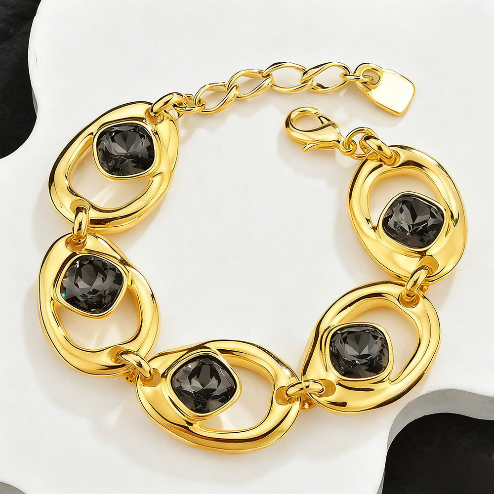 Hollow Geometric Black Crystal Jewelry Set For Women, Adjustable Bracelet Ring Earrings 3Pcs Matching Set, Minimal Cool Fashion Jewelry