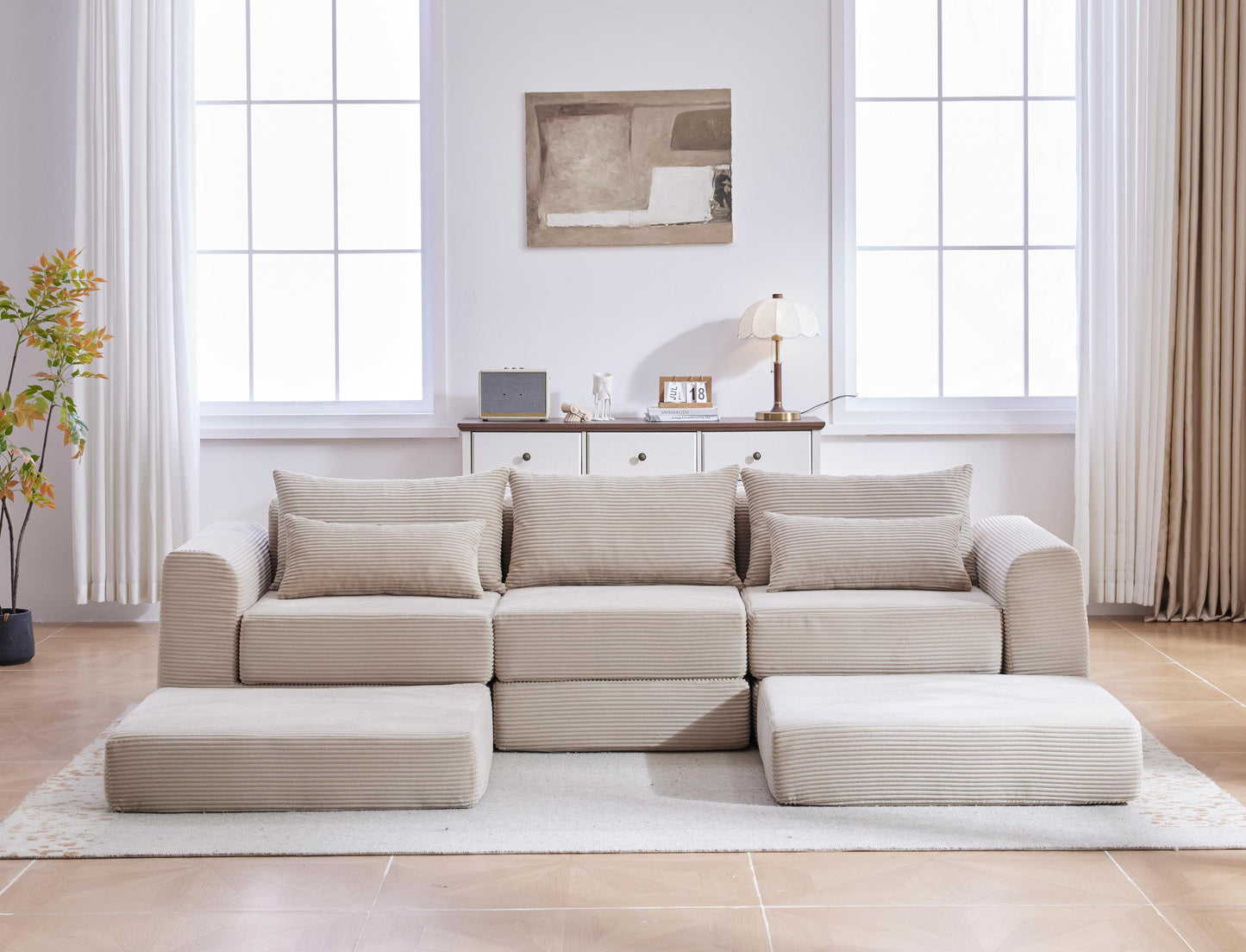 Sectional Sofa L-Shape Fabric Camel 4 Seat 100 In 5 Pillows No Assembly