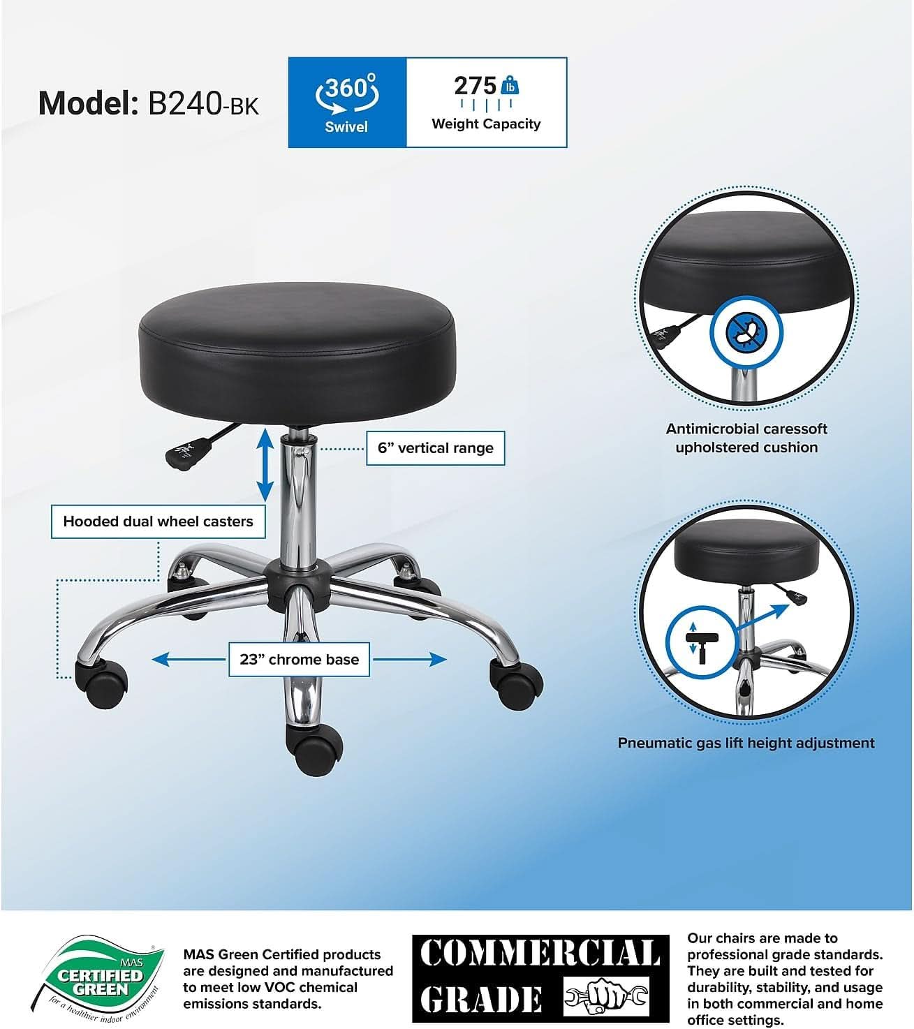 Boss Be Well Armless Medical Spa Stool Black Office Pro