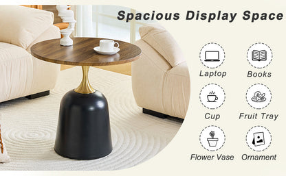 23.6 in Round Side Table, Metal Base, Walnut Wood Grain, Living Room Office