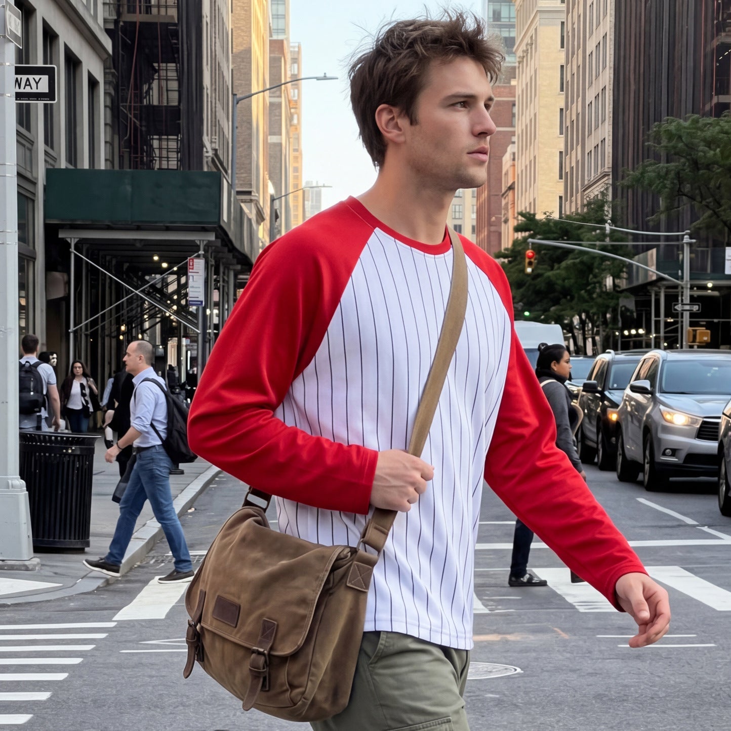 Mens Short Raglan-Style Baseball Long-Sleeve Striped Casual T-Shirt