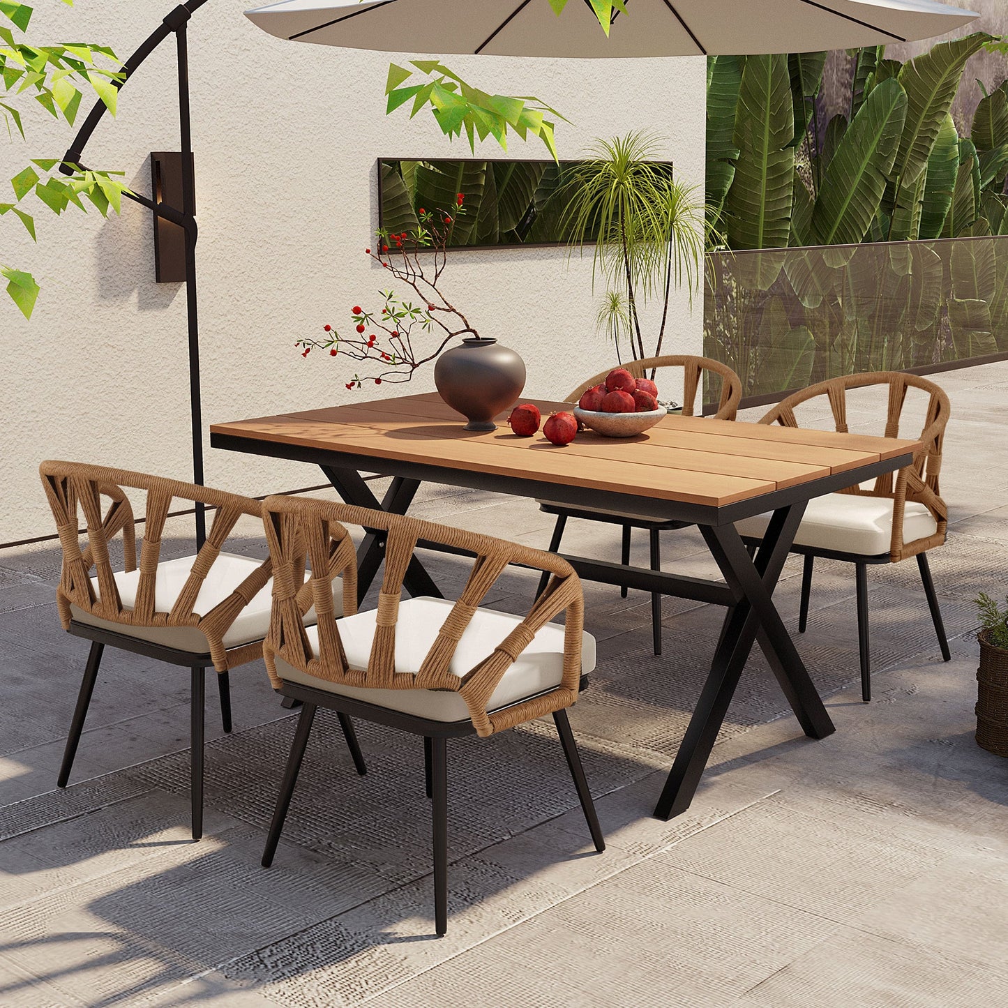 4-Seat Outdoor PE Rattan Dining Set Dark Yellow
