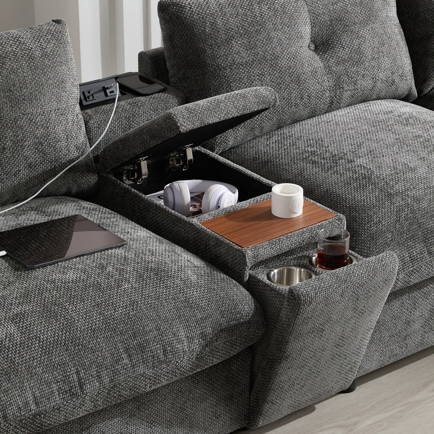 Sectional Sofa U-Shape Chenille Gray 6 Seat USB Console 136 In