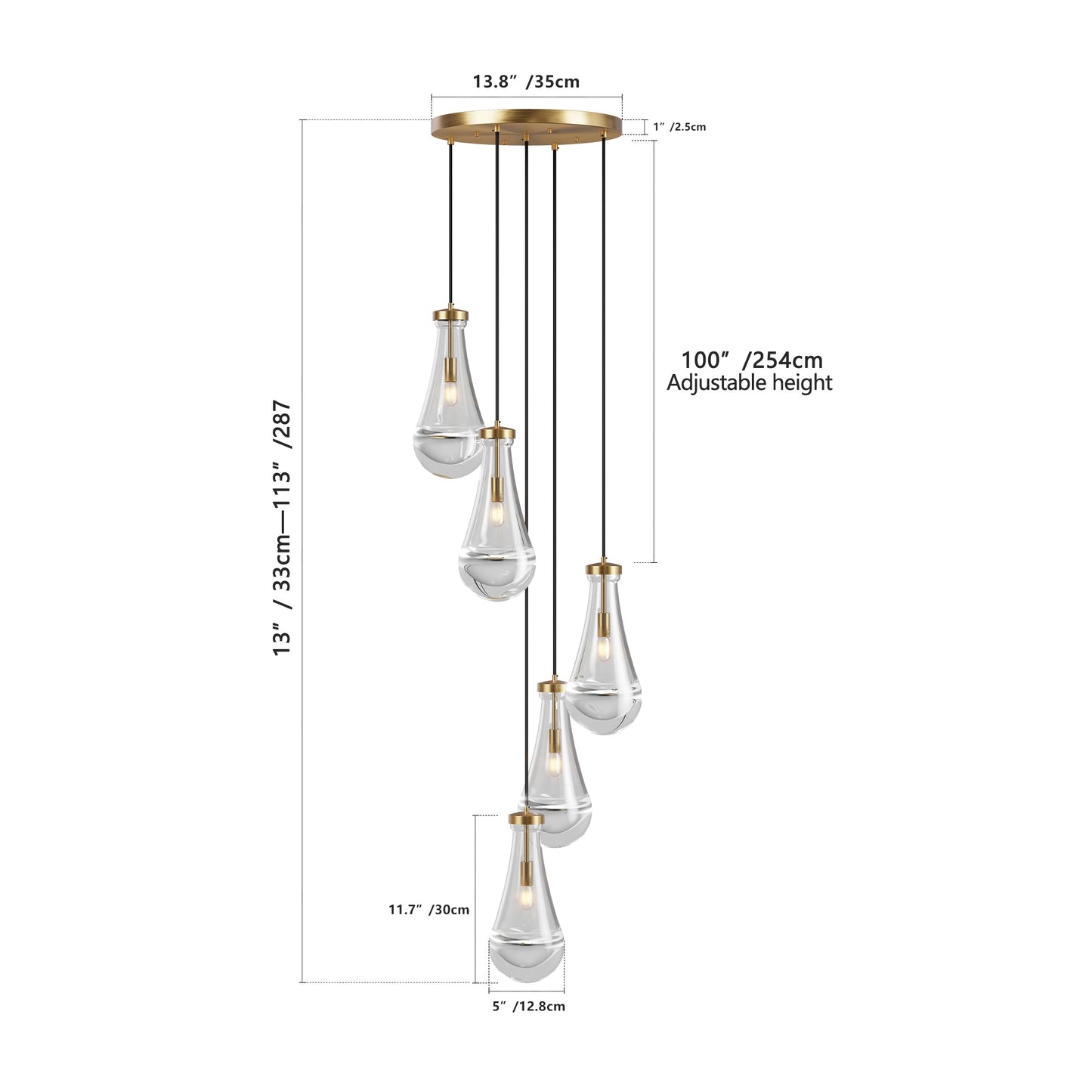 Chandelier 5-Light Cluster Pendant Brass High Ceiling Adjustable E12