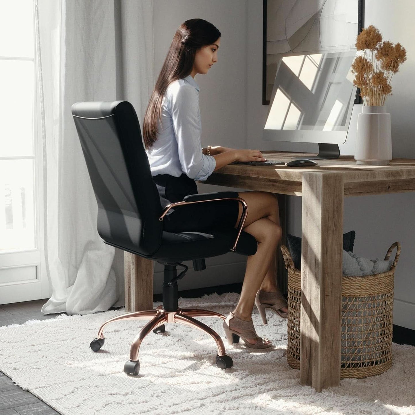 Whitney Mid Back LeatherSoft Desk Chair With Adjustable Height Black Rose Gold