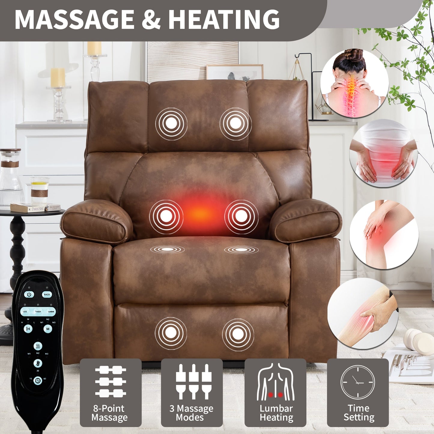 Lift Recliner Chair Power Faux Leather Brown Dual Motor Heat Massage 350 LB