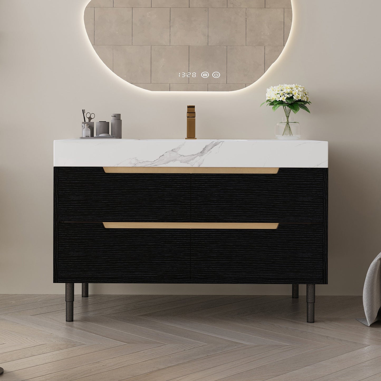 35.4' Modern Bathroom Vanity with Undermount Sink, Sintered Stone Top, Waterp...