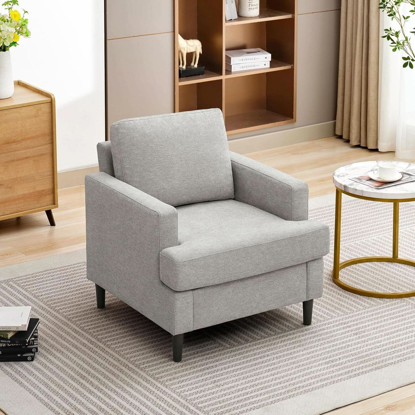 Mid Century Linen Grey Upholstered Accent Armchair