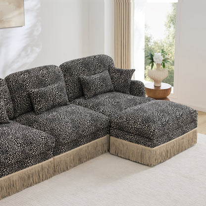 Sectional Sofa Modular Chenille Leopard Print Khaki 4 Seat Deep Seat