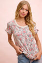 BiBi Rose Printed Slub Knit Ruffled Sleeves Top