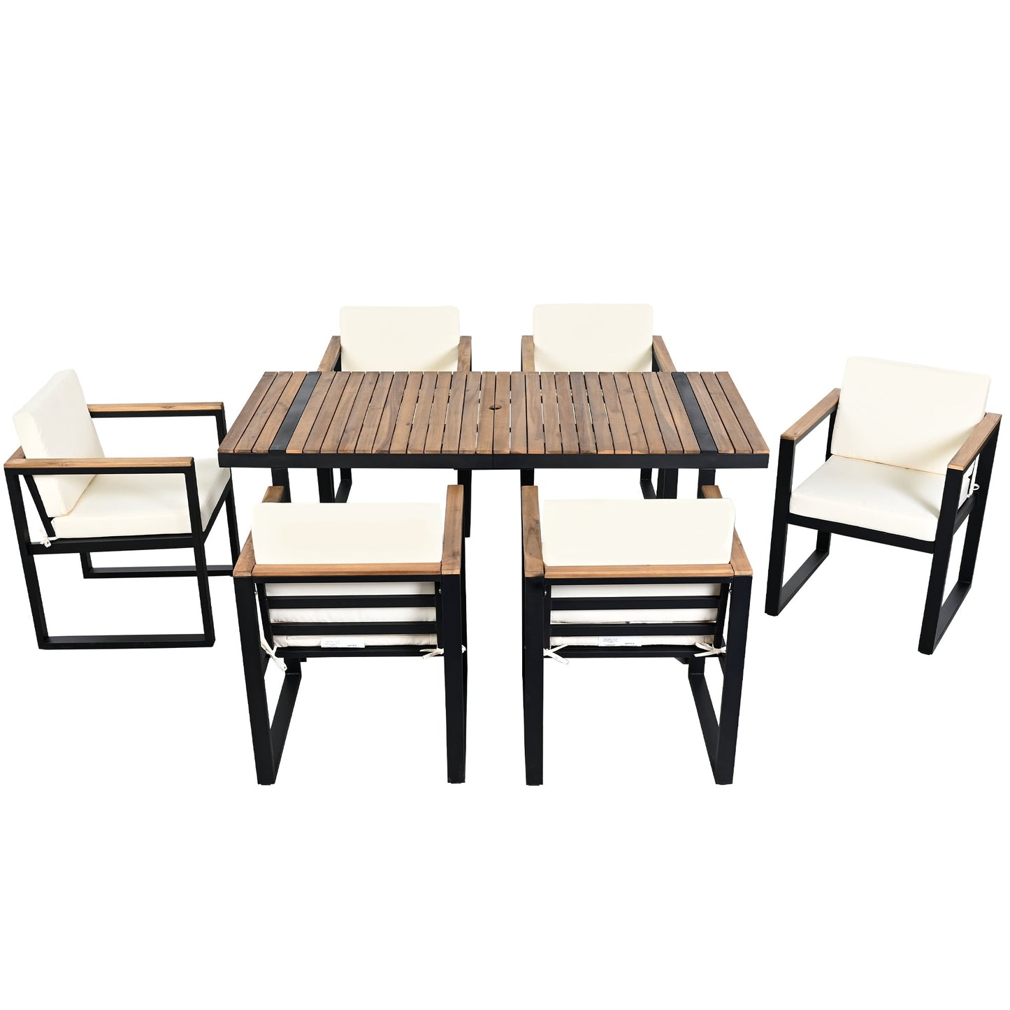 Outdoor Dining Set Acacia Wood Steel Beige Cushion 7 Piece Umbrella Hole