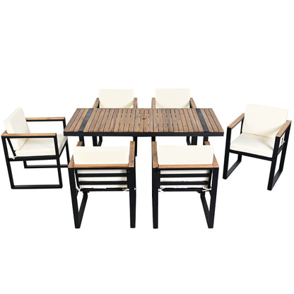 Outdoor Dining Set Acacia Wood Steel Beige Cushion 7 Piece Umbrella Hole