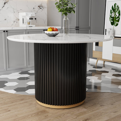 Modern 46' Round Dining Table Set for 4, Faux Marble Top with Black Wave Metal