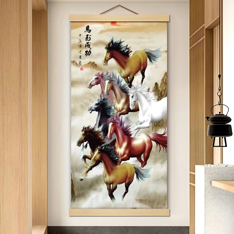 Silk Eight Horses Poster Canvas Scroll Painting Chinese Style Hanging Painting Living Room Office Room Decor Anime Aesthetic