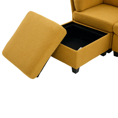 Sectional Sofa U-Shape 6 Seat Mustard Yellow Storage Ottoman