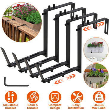 4Pcs Adjustable Planter Box Brackets Flower Box Holders Window Boxes Planters Hooks No Drill Railing Planter Mounts for Windowsills Garden Fences Balc