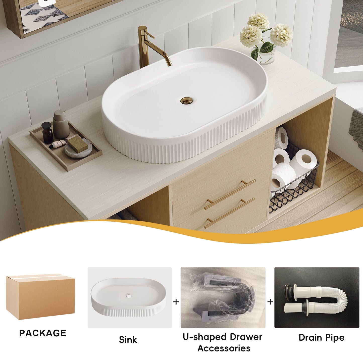 Modern 39.3 Wall-Mounted Bathroom Vanity with Oval Ceramic Sink Floating Vani...