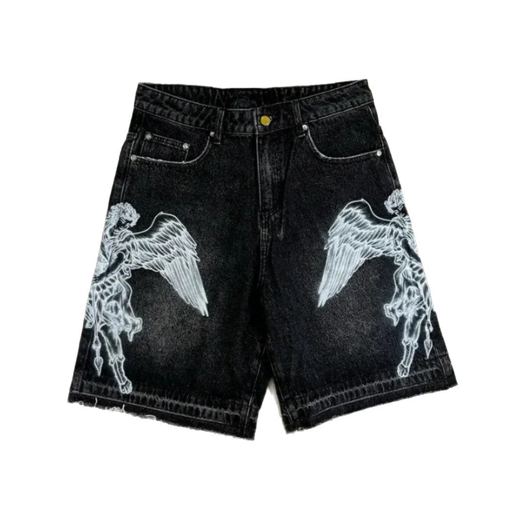 Retro Loose-fit Printed Denim Shorts