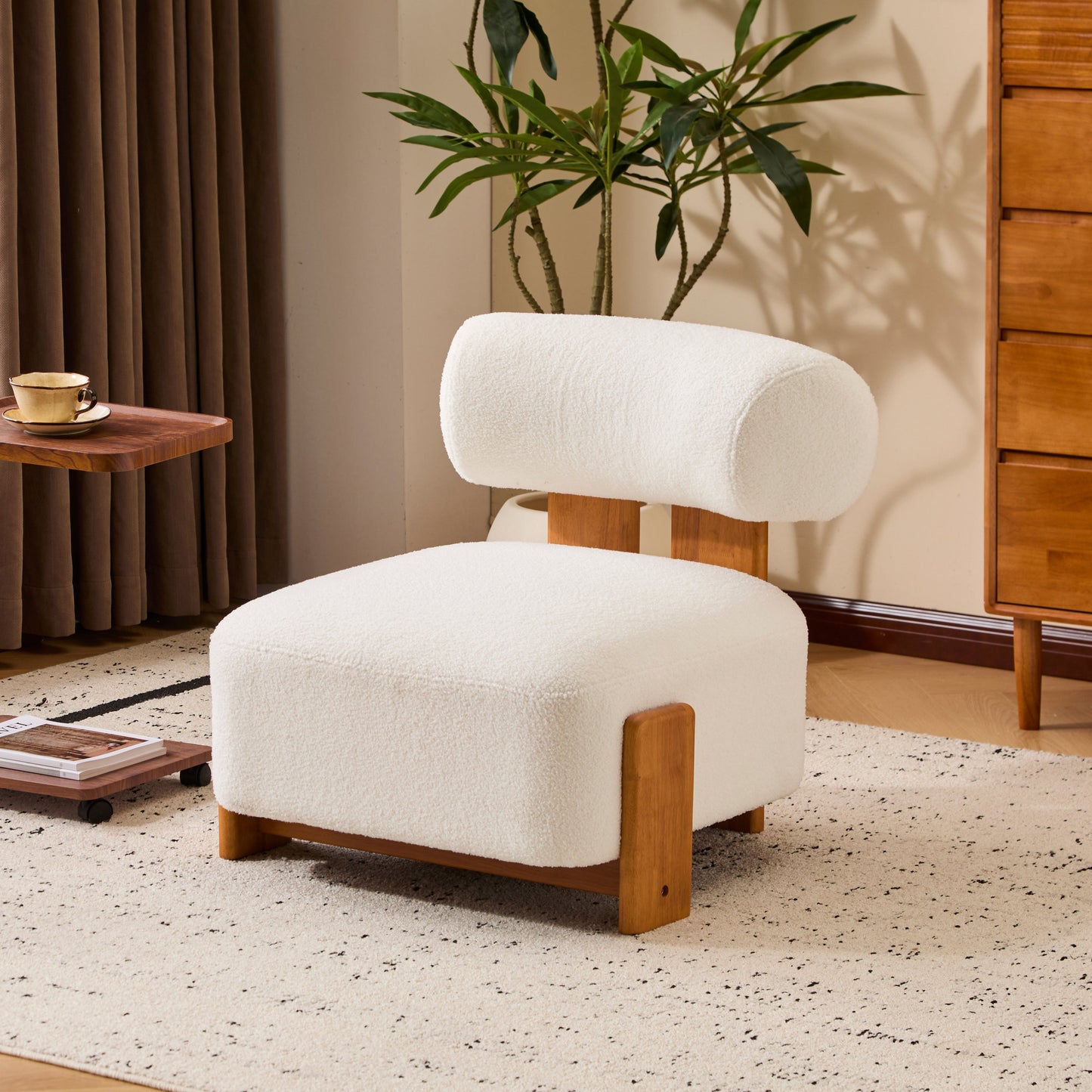 Boucle Lounge Chair Natural Beige Rolled Backrest 27.25"x30"x27.5