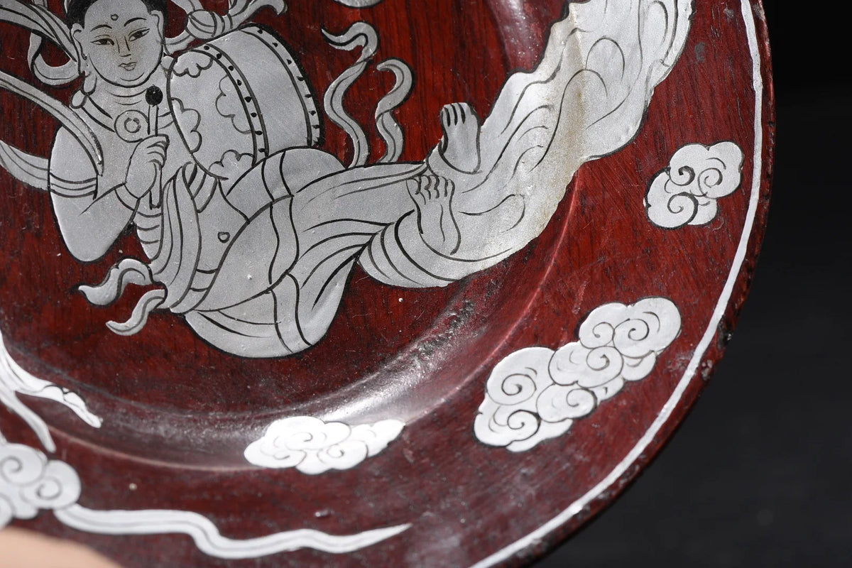 Wood Lacquerware Plate with Silver Inlay – Dunhuang Flying Apsaras (16cm)