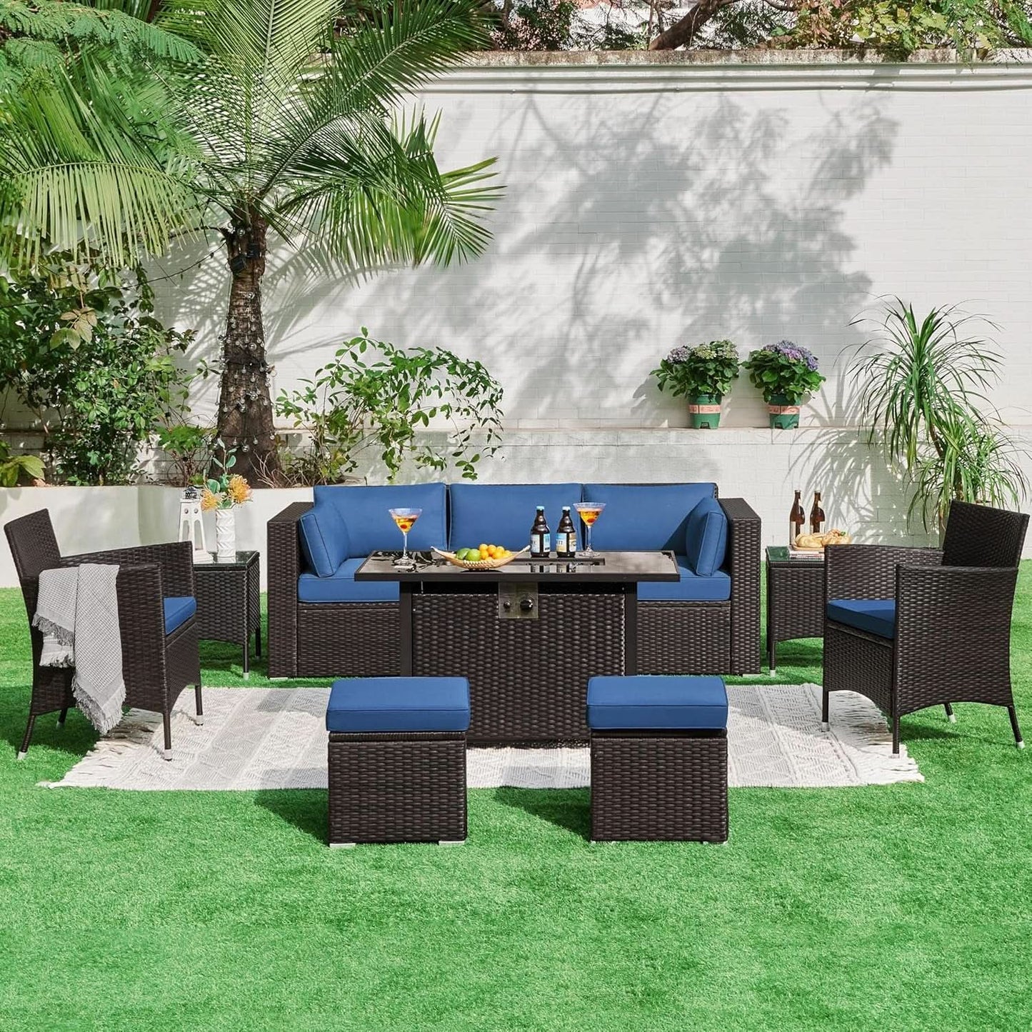 Outdoor Three-Seat Wicker Sofa with Deep Cushions and Pillows