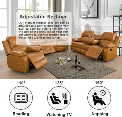 Manual Recliner Sofa Set Ginger Vegan Leather Cupholders