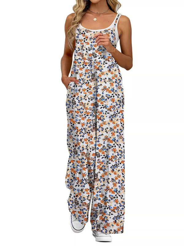 Full Size Floral Print Wide Leg Spaghetti Strap Overalls Plus Size