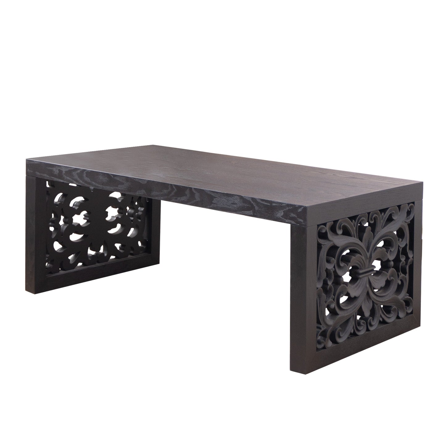 47.2 in Solid Black Carved Wood Coffee Table, Handcrafted Ornate Side Panels