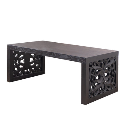 47.2 in Solid Black Carved Wood Coffee Table, Handcrafted Ornate Side Panels