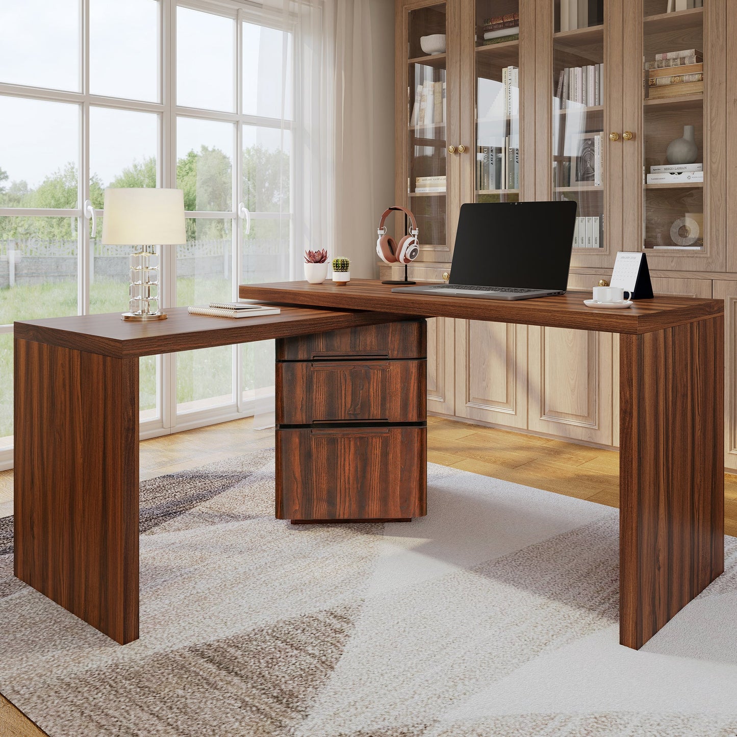 90' Modern L Shaped Desk in Walnut with 3 Drawers,360deg Wood Rotating Desk,Exe...