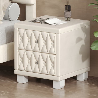 Velvet Nightstand with 2 Drawers, Crystal Handle, Button-Tufted, Beige