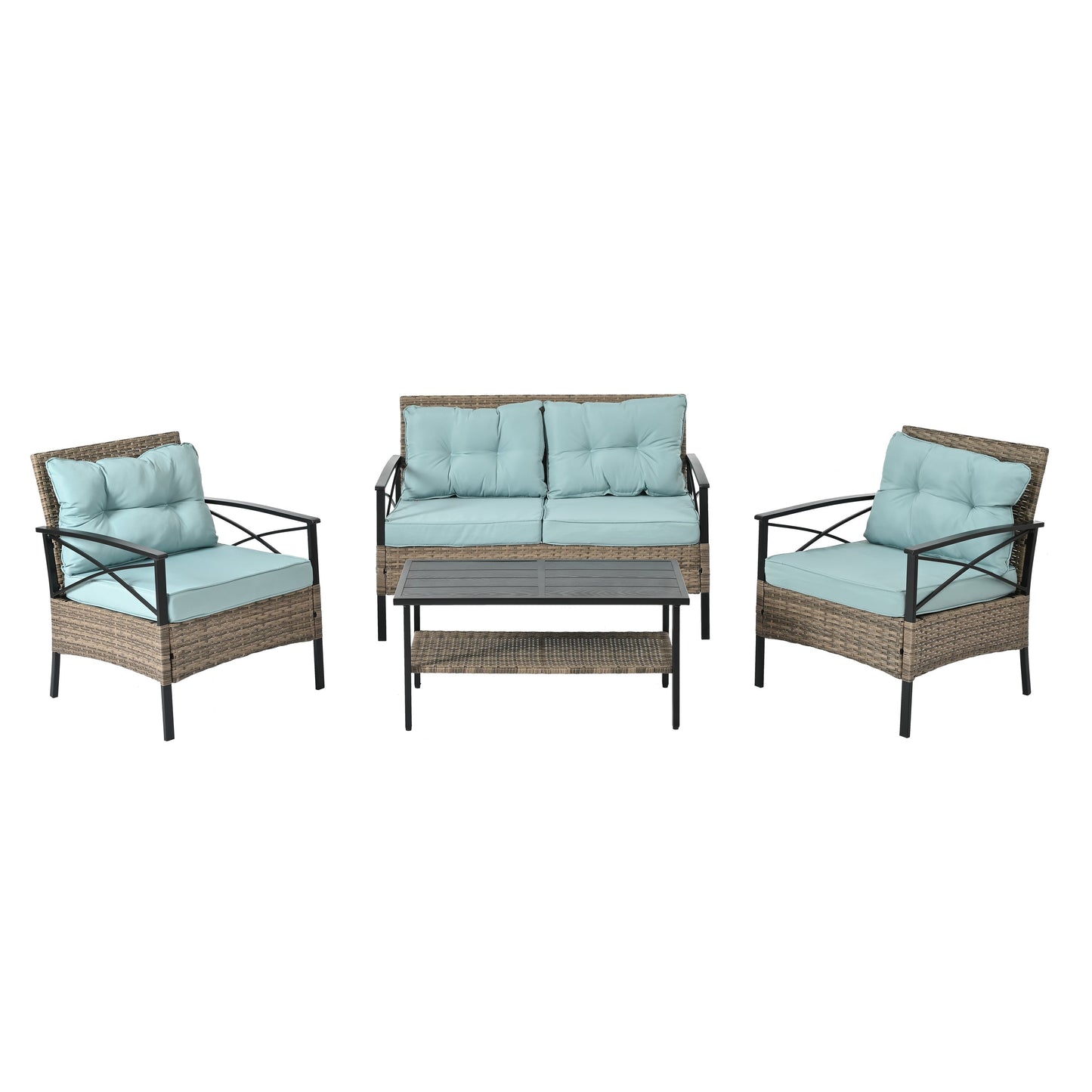 Outdoor Patio Set PE Rattan Brown 4 Piece Cushioned