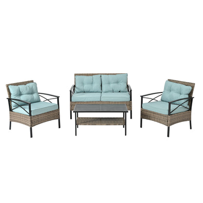 Outdoor Patio Set PE Rattan Brown 4 Piece Cushioned