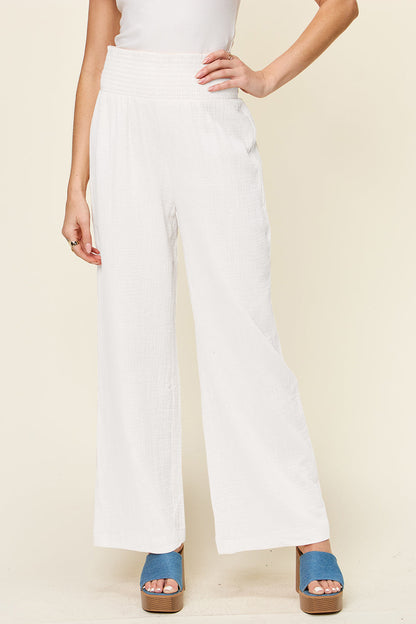 Textured Smocked Waist Wide Leg Pants