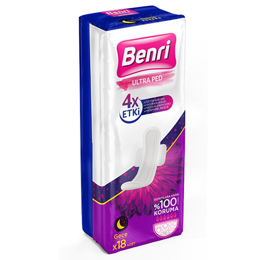 Benri Overnight Sanitary Pads - Ultra-Thin, High Absorbency, Comfortable - Benri Hijyenik Ped Gece Çoklu 18'li