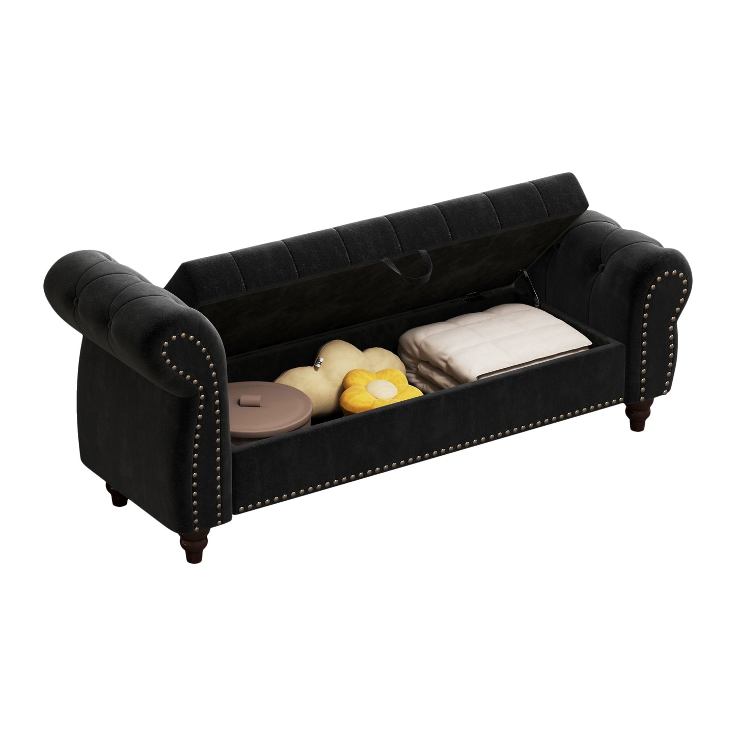 64.5 in Tufted Chaise Lounge Bench with Storage, Velvet Upholstery, Black