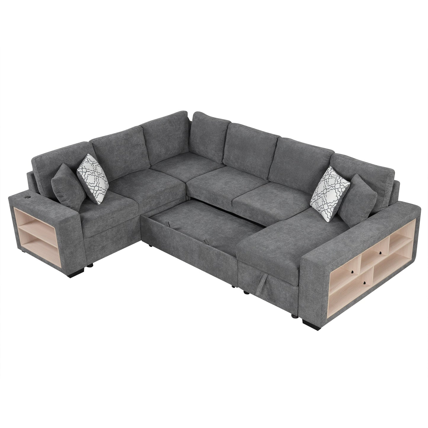 Sectional Sofa U-Shape Chenille Gray 5 Seat USB Ports Pull-Out 109 In
