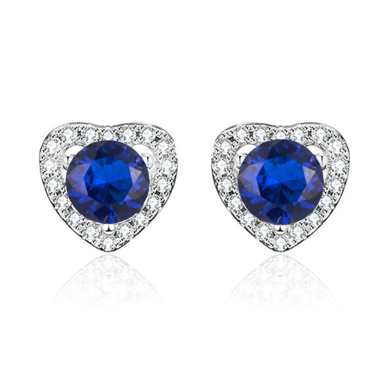 S925 Sterling Silver Heart Halo Stud Earrings, 5mm Lab-Grown Ruby Sapphire, Platinum Plated 1.5g, Women's Jewelry Gift Box