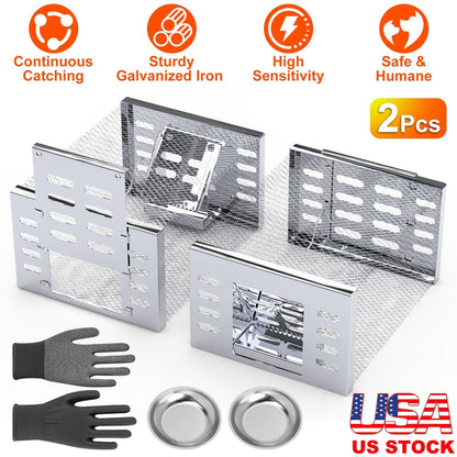 2Pcs Humane Rat Trap Catch and Release Live Mouse Cage Traps with Automatic Continuous Cycle Trapping for Chipmunk Rodent Mouse Small Animals