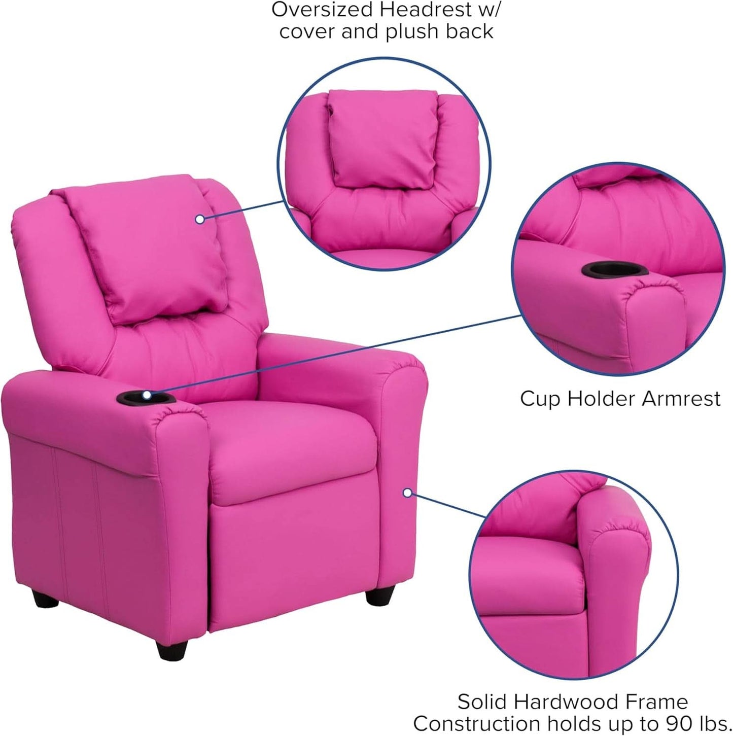 Hot Pink Kids Recliner With Cup Holder Compact Design