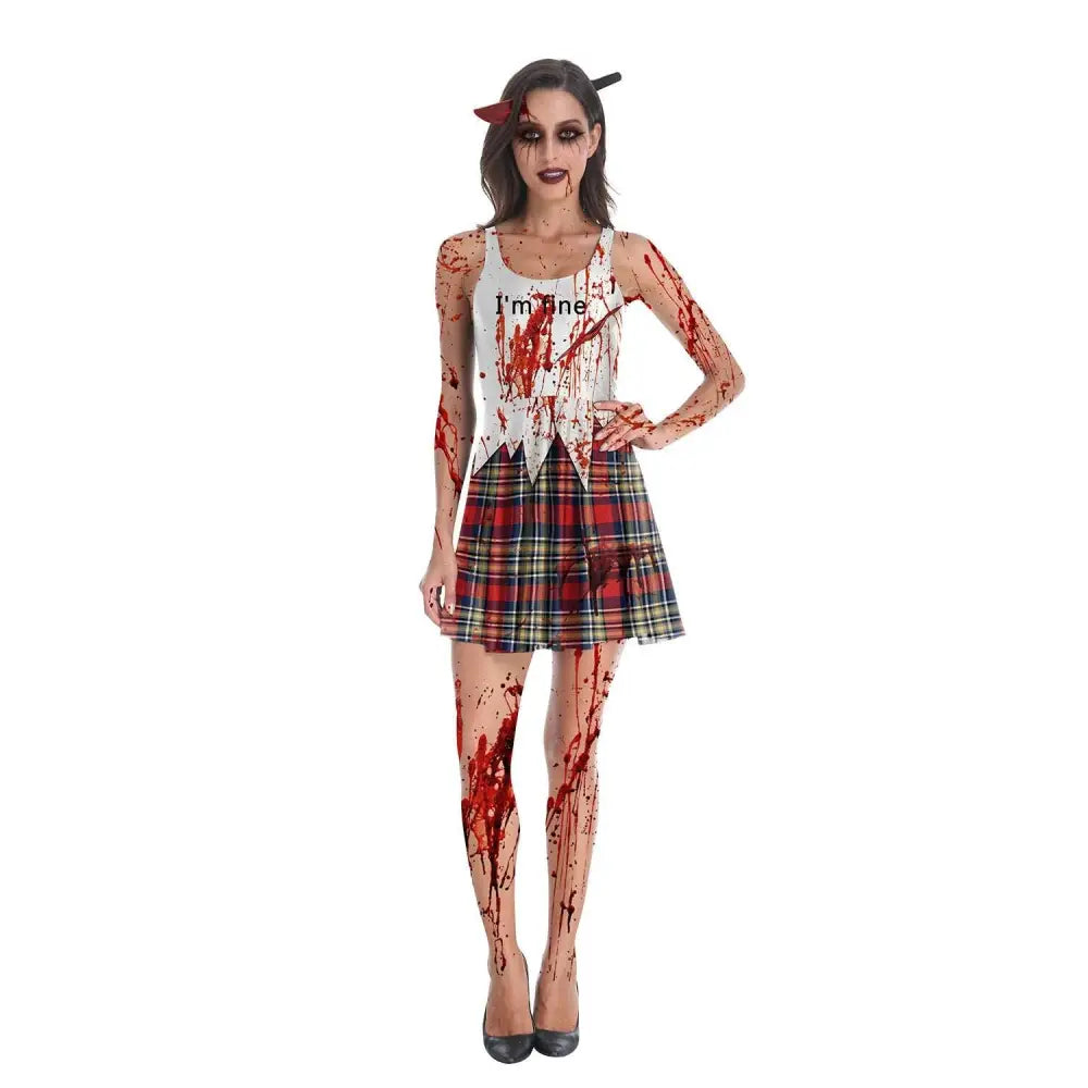 Female Ghost Clothes Adult Stage Plaid Skirt Set