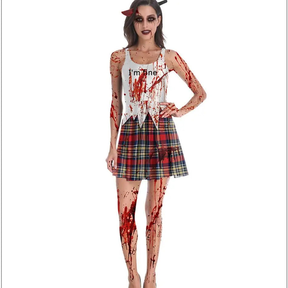 Female Ghost Clothes Adult Stage Plaid Skirt Set