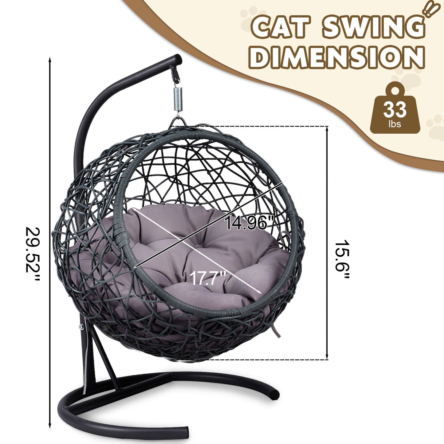 Cat Swing Bed with Stand and Cushion, Rattan Wicker Egg Chair Style, Gray